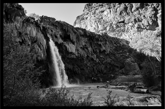 Havasupai Waterfall in black and white